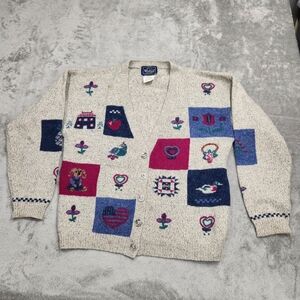 Vintage WOOLRICH WOMAN Dog Puppy Sweater Cardigan Wool Blend Medium Flower Vtg